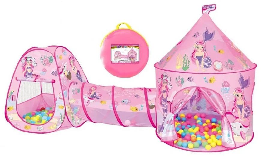 3-in-1 Princess Castle Tent with Tunnel & Ball Pit – Playhouse for Kids